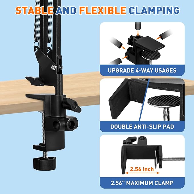 HITTI 12X Square Magnifying Glass with Light and Clamp, Hands-Free Lighted Stand with Ultra Long 3-Section Arm | 5 Color Modes & Stepless Dimming LED Desk Lamp for Workbench, Crafting, Reading -Yellow