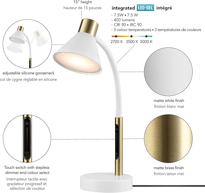 Globe Electric 62000035 15" LED Integrated Desk Lamp, Matte White, Brass Accent, Adjustable Gooseneck, Dimmable, 3 Color Temperature, 7.5W, 90 CRI, 400 Lumens, Reading Light, Dorm Room Essentials