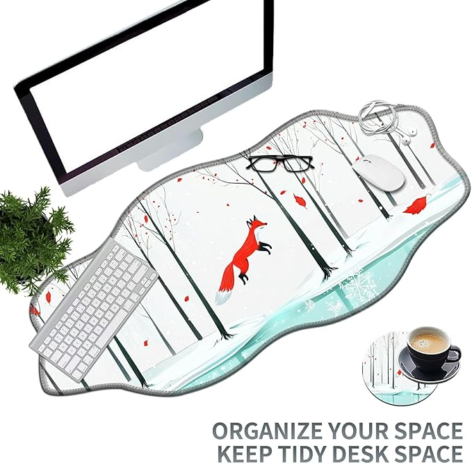 Winter Forest Fox Large Gaming Mouse Pad Plus a Coaster, 35.4 x 15.7 inches Desk Mat Extended XXL Mousepad with Stitched Edge Non-Slip Rubber, Desk Pad Computer Mouse Mat for Home Office