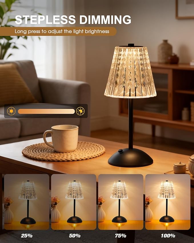 Rechargeable Cordless Table Lamp, Touch Control Crystal Desk Lamp with 3500mAh Battery, 3 Color Dimmable LED Small Lamp for Bedroom Bedside Restaurant Kitchen Home Decor, Black