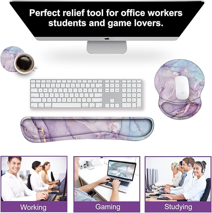 ArtSo Mouse Pad Keyboard Wrist Rest Support Ergonomic, Upgraded Cushion Mousepad Gel Memory Foam Non-Slip Rubber Base Wrist Support & Easy Typing for Home, Office, Purple Blue Marble