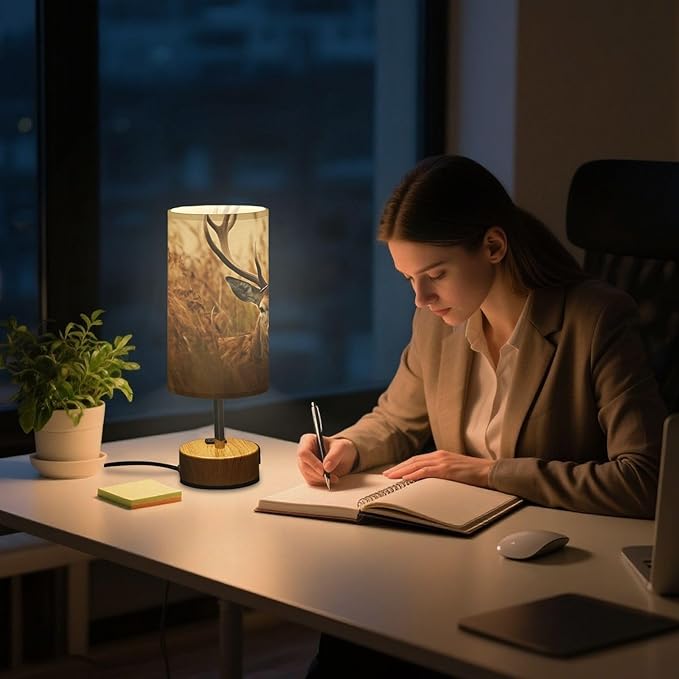 Touch Control Bedside Lamp with USB Ports, 3 Way Dimmable Table Lamp with Linen Shade, Modern Nightstand Lamp for Bedroom, Living Room, Office (Antler Deer)