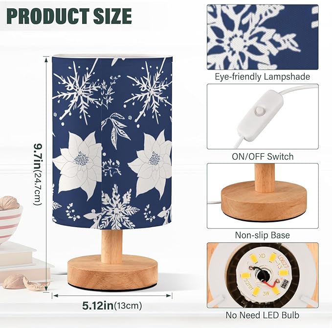 Navy Snowflake LED Table Lamp, Bedside Lamp with Linen Lampshade, Flicker-Free Eye Care USB Plug in Nightstand Lamp, for Bedroom and Office
