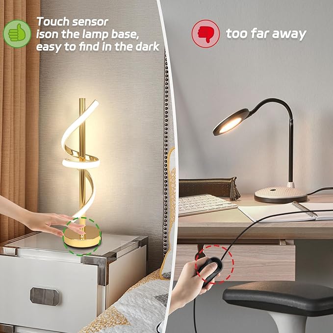 LED Modern Table Lamp, Dimmable Spiral LED Table Lamp, 3 Colors Touch Control, Modern Nightstand Lamp with USB/Type C for Bedroom Living Room