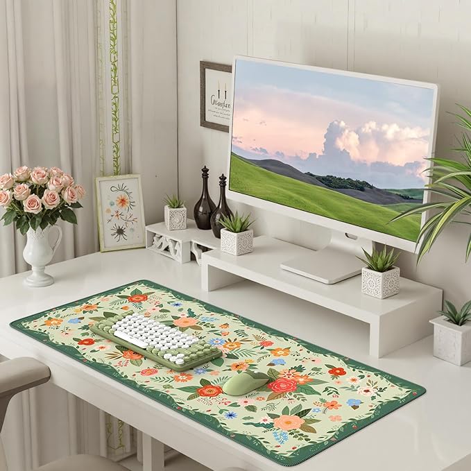 iCasso Floral Desk Mat for Keyboard and Mouse,Cute Gaming Mouse Pad XXL,Anti-Slip Desk Matt for Desktop,Soft Lycra Surface Computer Mat Women,Girly Big Mousepad for Home Office (Green Floral)