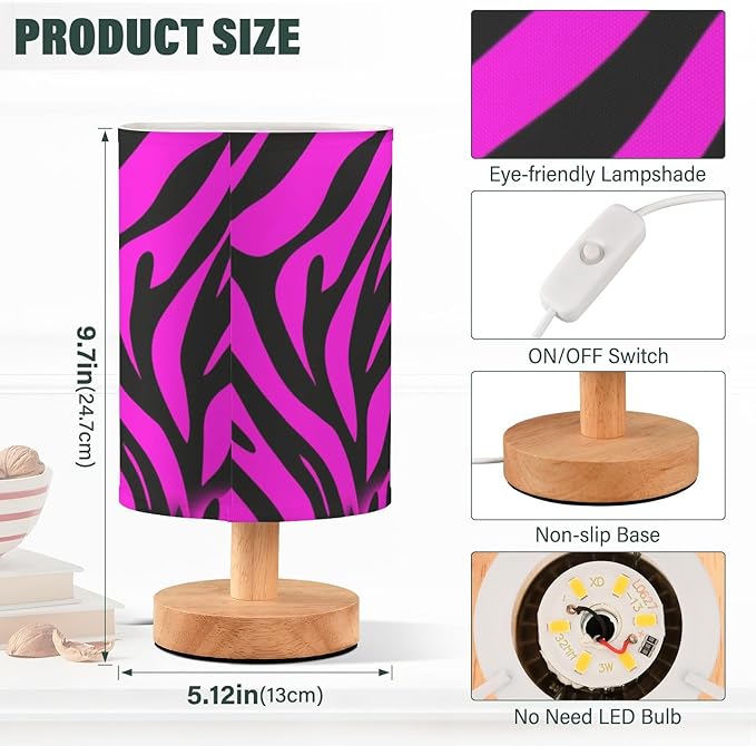 Pink Zebra LED Table Lamp, Bedside Lamp with Linen Lampshade, Flicker-Free Eye Care USB Plug in Nightstand Lamp, for Bedroom and Office