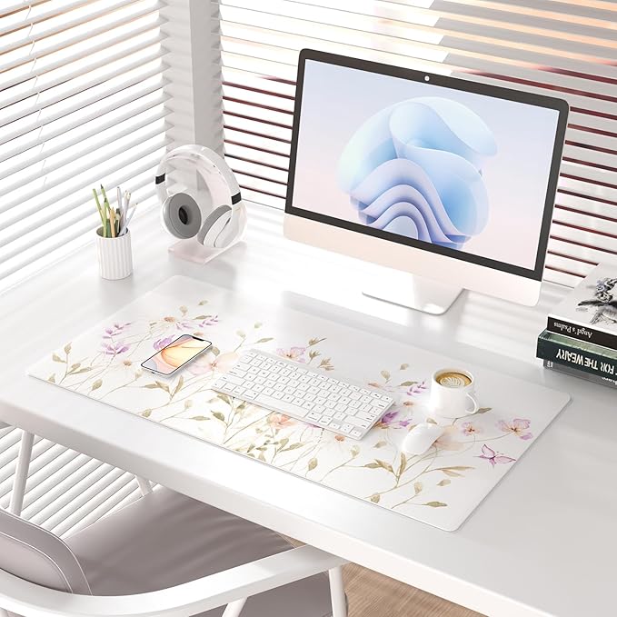 Colorful Star Large Mouse Pad, Floral Waterproof Office Desk Mat, Non-Slip Computer Gaming Mouse Pad, XXL PC Laptop Protector Pads, PU Leather Desk Writing Pads for Office Home, 31.5" x 15.7"