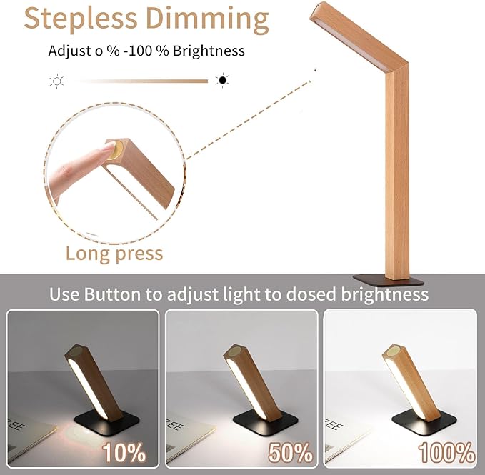 Wooden Desk Light ，Dimmable Desk Lamp for Home Office with USB Wireless Charging Port ，Touch Control RotatableDesk Adjustable Night Light(Beech Wood)