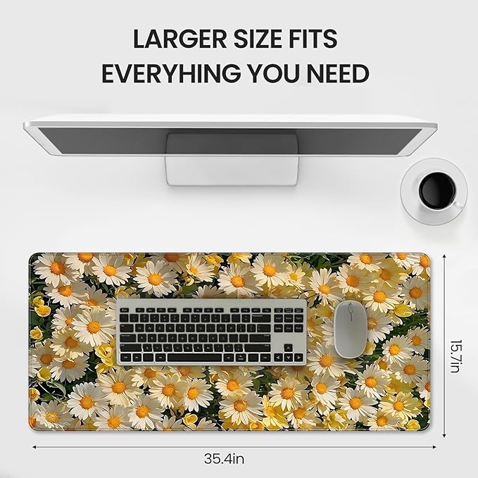 XXL Gaming Mouse Pad, Daisy Floral Design, 35.4 x 15.7 Inches, Microfiber Cloth, Rectangular, Non-Slip Rubber Base