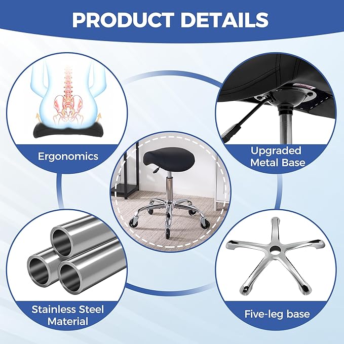 ANWBROAD Saddle Stool with Wheels Ergonomic Swivel Adjustable Rolling Stool with PU Leather Thick Wide Saddle Seat Padding Comfortable Rolling Saddle Chair for Salon Massage Clinic Black UWSS001B