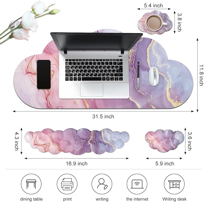 JIKIOU Large Cloud Mouse Pad Waterproof with Cloud Keyboard Wrist Pad and Cloud Mouse Wrist Pad Set, Ergonomic Computer Desk Wrist Support Mousepad for Keyboard and Mouse 35.4x15.7in Marble Pink