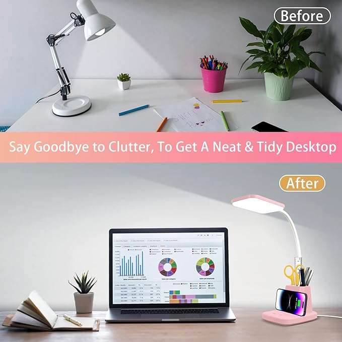 Sailstar Pink Desk Lamp, Small Desk Lamp with Pen Holder, Wireless Charger LED Desk Lamps for Home Office, Kids Desk Lamps 800LM Flexible Arm 3 Modes Dimmable Touch, Study Lamps for College Dorm Room