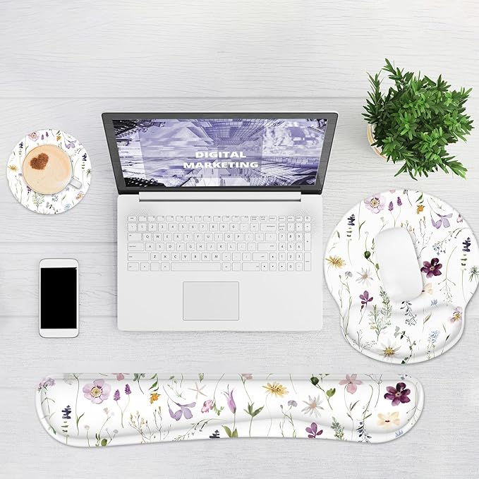 Ergonomic Mouse Pad with Wrist Rest and Keyboard Wrist Rest, Mousepad and Wrist Rest for Computer Keyboard, Non-Slip Rubber Base, Mouse Pad Wrist Support for Gaming, Flowers and Plants