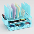 Blue Desk Organizer, Office Organization with Vertical File Holder, File Organizer with Drawer and Pen Holder, Desk Accessories and Workspace Organizers for Home Office (Sky Blue)