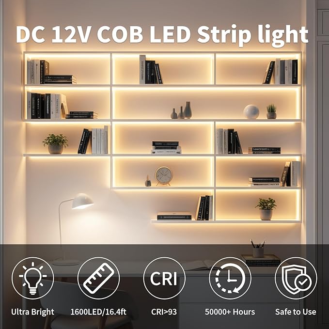 16.4FT/5M COB LED Strip Light, Warm White 3000K LED Tape Lights, Cuttable LED Lights CRI93+ Flexible Dimmable Light Strip for Bedroom TV Backlight Mirror Kitchen Cabinet Decor(with Plug)