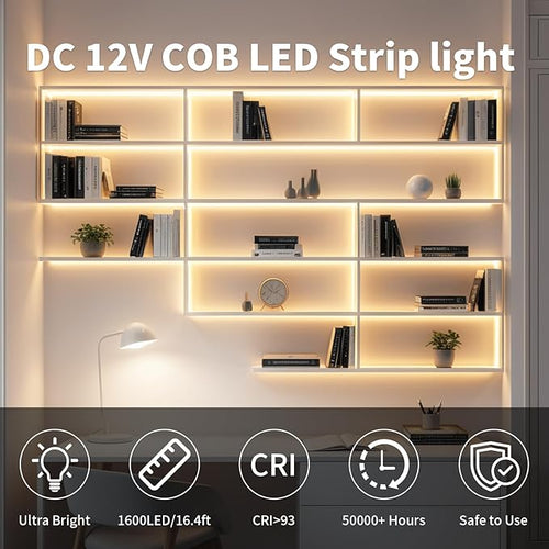 16.4FT/5M COB LED Strip Light, Warm White 3000K LED Tape Lights, Cuttable LED Lights CRI93+ Flexible Dimmable Light Strip for Bedroom TV Backlight Mirror Kitchen Cabinet Decor(with Plug)