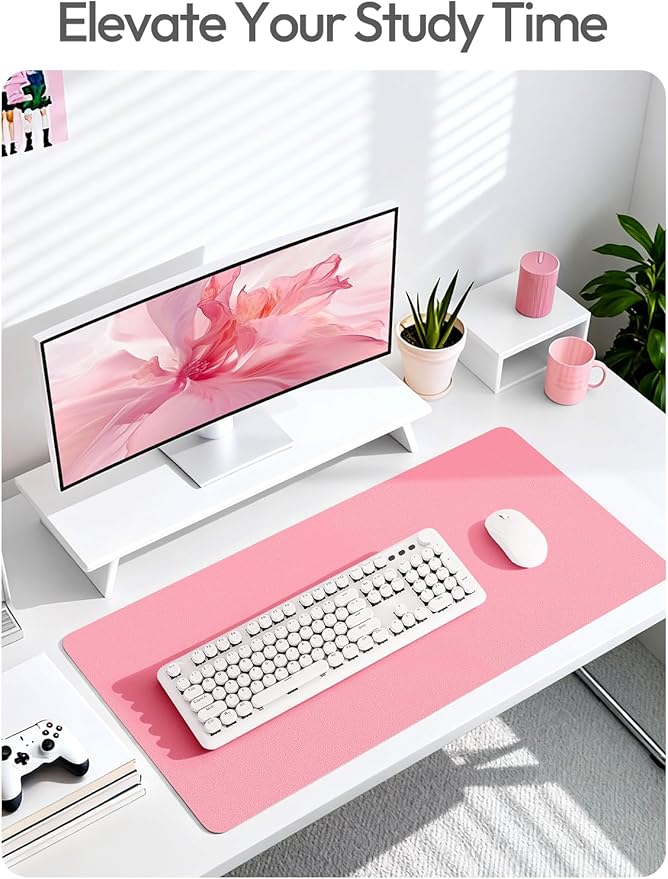 YSAGi Leather Desk Protector, Office Mat, Large Mouse Mat, Non-Slip PU Leather Blotter, Laptop Desk Mat, Waterproof Writing Pad for Office and Home (Pink, 35.4" x 17")