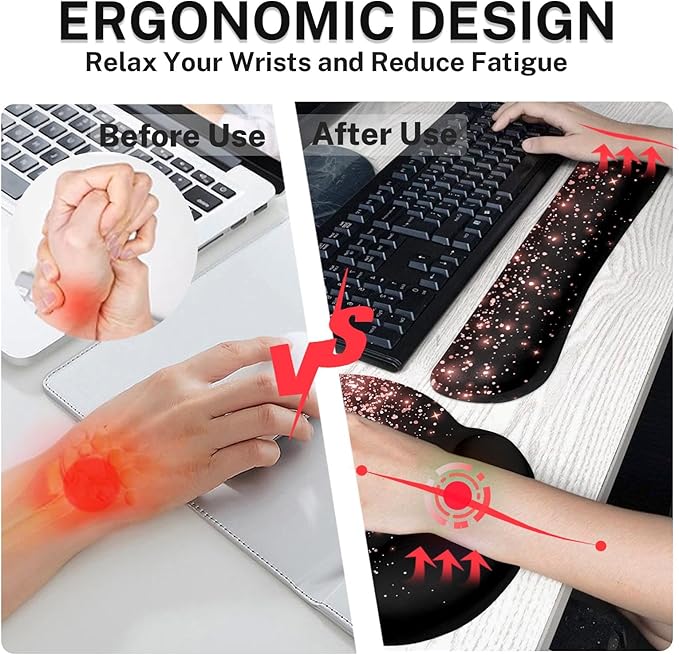 Britimes Rose Gold Pink Keyboard Mouse Pad Set Black Golden 4in1 Large Mousepad+Keyboard Wrist Rest+Mouse Wrist Rest+Coaster Ergonomic Design for Home Office Computer 35.4x15.7 inches