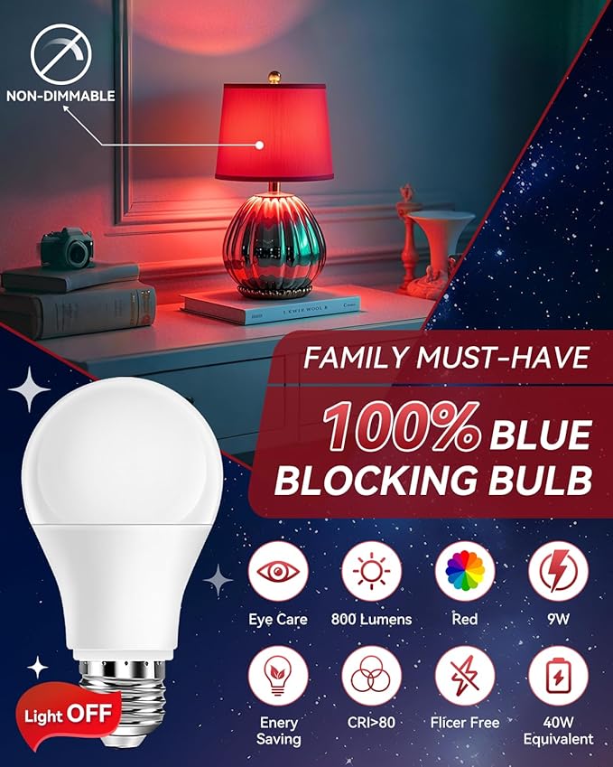 Neporal 3W 625nm Red Light Bulbs for Sleep, 100% Blue Light Blocking Bulb, Red Light Night Light for Melatonin Promoting, A19 40W Equivalent Dim Light Bulbs for Bedroom, Baby Nursery,1 Pack