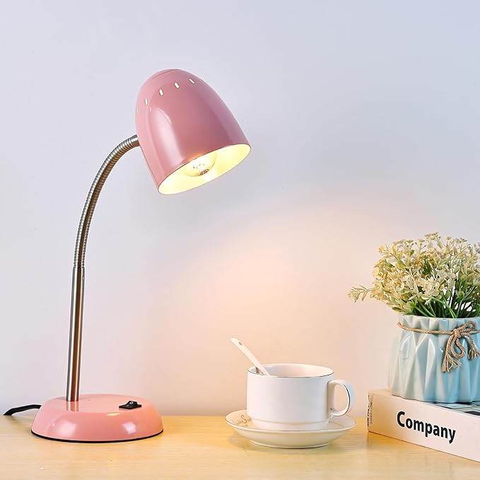 Eye-Caring Table Lamp of Simple Designs Home E26 Led Screw Basic Metal Desk Lamp with Flexible Gooseneck Hose Neck Study Lamp for Bedroom Office Living Room Convenient On/Off Switch(Pink)