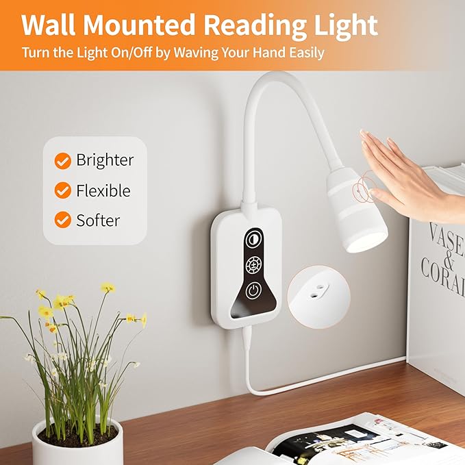 LED Wall Mounted Reading Light with Wave Sensor/Touch Switch, 5 Color & 5 Level Dimmable Touch Book Light for Reading with USB C Charging Port, Eye-Care Bedside Reading Lamp for Bed,Heaboard (White)