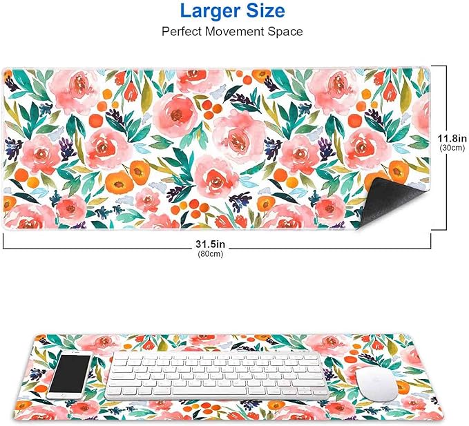 IMAYONDIA Large Floral Gaming Mouse Pad Mat with Stitched Edges, Extended Mousepad, Non-Slip Rubber Base Keyboard Pad, Desk Pad for Gamer, Office, (31.5” x 11.8” x 0.12”) - Watercolor Rose Flowers