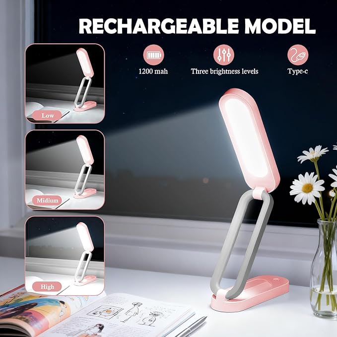 Rechargeable LED Desk Lamp, Foldable Portable Table Light with 3 Brightness Levels,Type-C USB Charging,Small Desk Lamp,Portable Bedside Wireless Reading Light,Home, Office, Nail Art,Craft,Pink