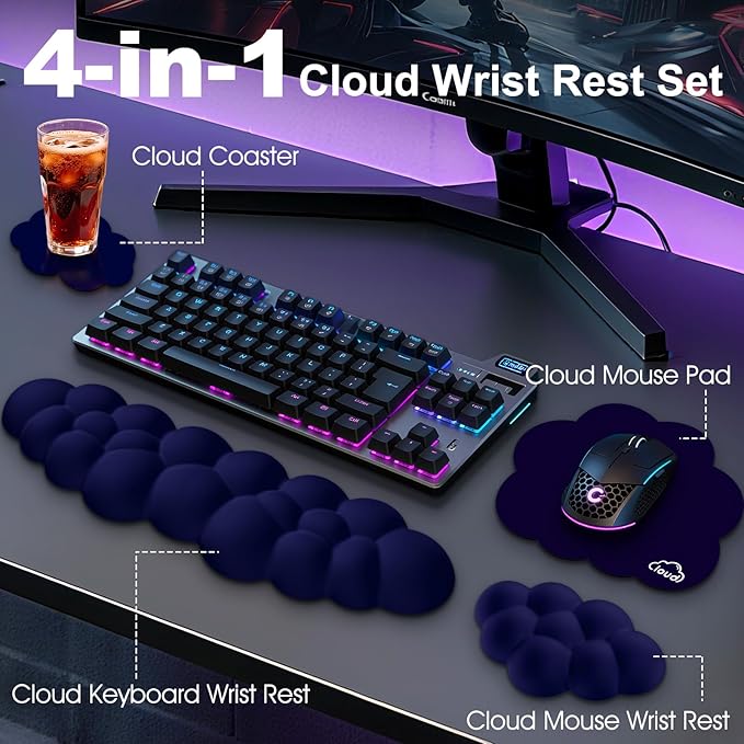 Cloud Wrist Rest Keyboard Cushion, 4-in-1 Ergonomic Cloud Keyboard Wrist Rest and Mouse Pad Set with Memory Foam Arm Support for Palm, Cute Desk Accessory for PC Gaming Setup, Dark Blue