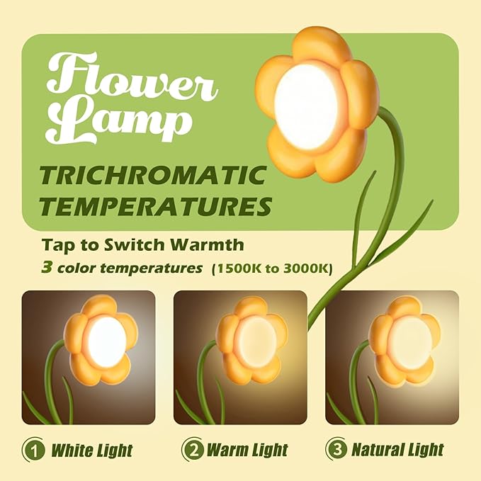 Sunflower Desk Lamp,Rechargeable Neck Reading Light with Adjustable Flexible Gooseneck 3 Color Modes Adjustable Brightness,Cute Desk Lamp for Kids,Great Gift for Kids,Friends(Yellow)