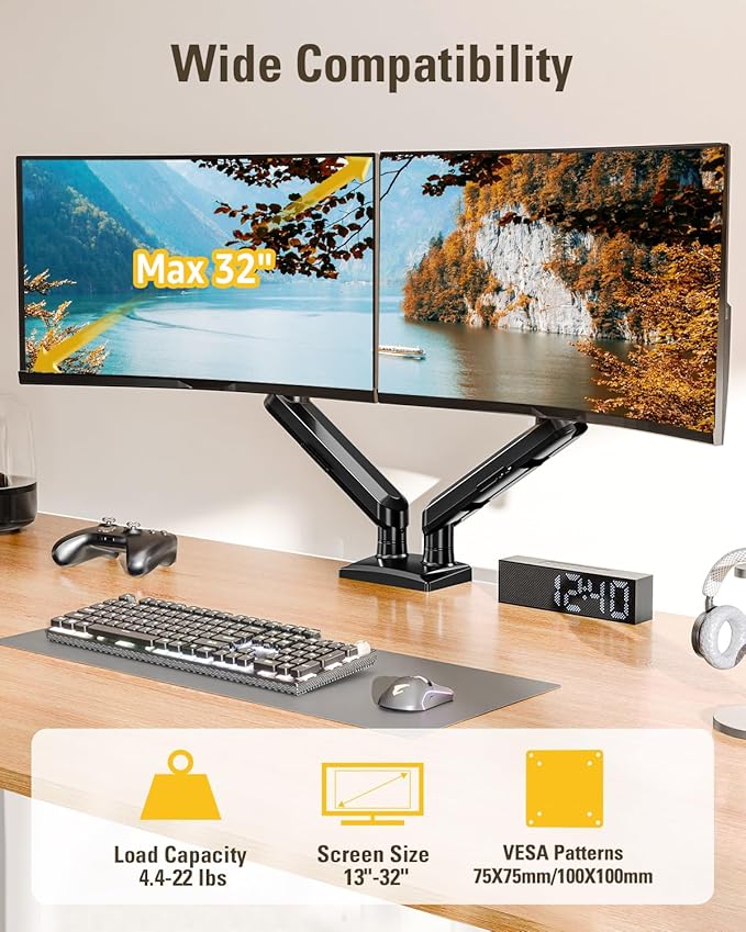 Dual Monitor Stand for 13-32 Inch Computer Screens, Dual Monitor Arms, Each Arm Holds 4.4-22lbs, Fully Adjustable Monitors Desk Mount with C-Clamp and Grommet Base, VESA 75x75/100x100mm