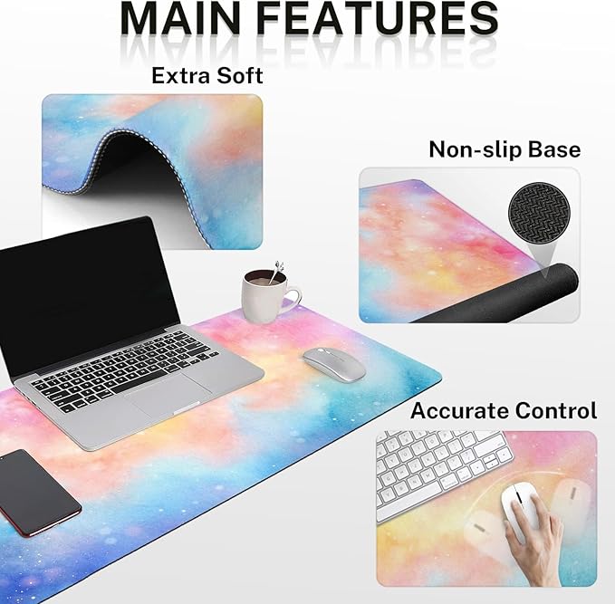 Arttown Iridescent Cloud Desk Mat Cute Mouse Pad Set 4 in 1 Colorful Starry Sky Ergonomic Design Large Desk Pad + Keyboard Wrist Rest + Mouse Wrist Rest + Coaster Suitable for Home Office Study Game