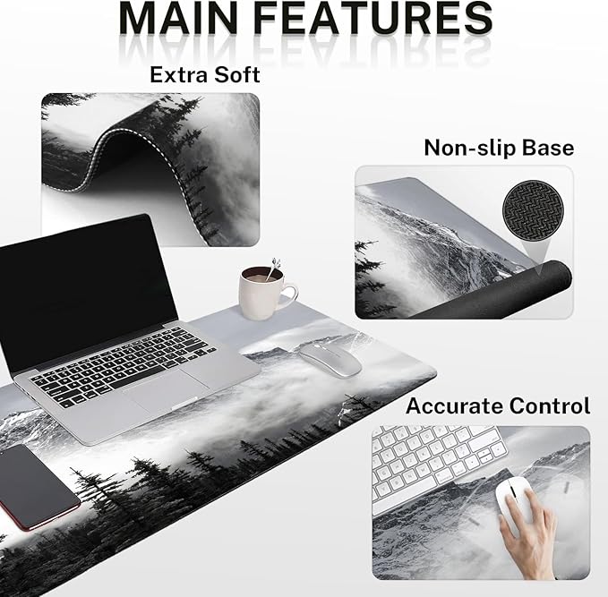 Arttown Mountain Forest Desk Mat Gray Mouse Pad Set 4 in 1 Tree Mist Cloud Ergonomic Design Large Desk Pad + Keyboard Wrist Rest + Mouse Wrist Rest + Coaster Suitable for Home Office Study Game