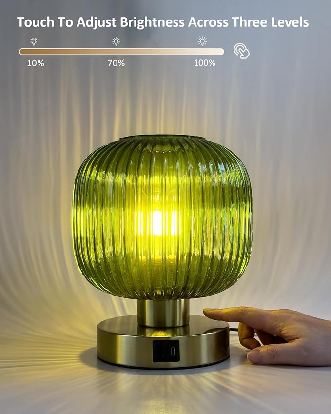 Big Touch Table Lamp,Elegant Green Glass Bedside Lamp 3 Way Dimmable with USB C+A Charging Ports - Bedroom Nightstand & Living Room Essential, 4W Bulb Included (Green)