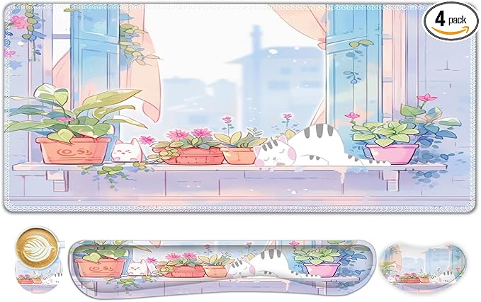 ToLuLu Extended Gaming Mouse Pad, Memory Foam Ergonomic Keyboard Mouse Wrist Rest Support Set, Large Desk Mat with Stitched Edges, Non-Slip Base Mousepad for Home Office and Game, Purple Cute Cat