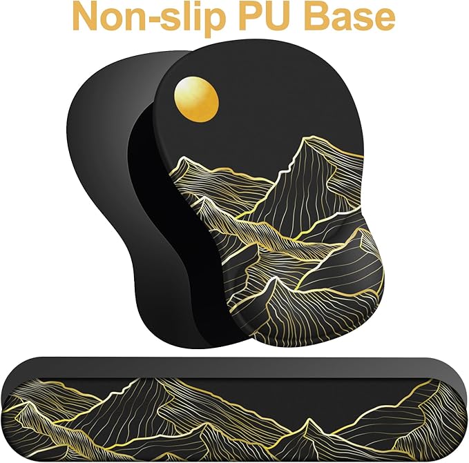Ergonomic Mouse Pad with Wrist Rest and Keyboard Wrist Rest, Gel Mousepad and Wrist Rest for Computer Keyboard, Non-Slip PU Base, Black Mouse Pad with Wrist Support for Gaming, Mountain