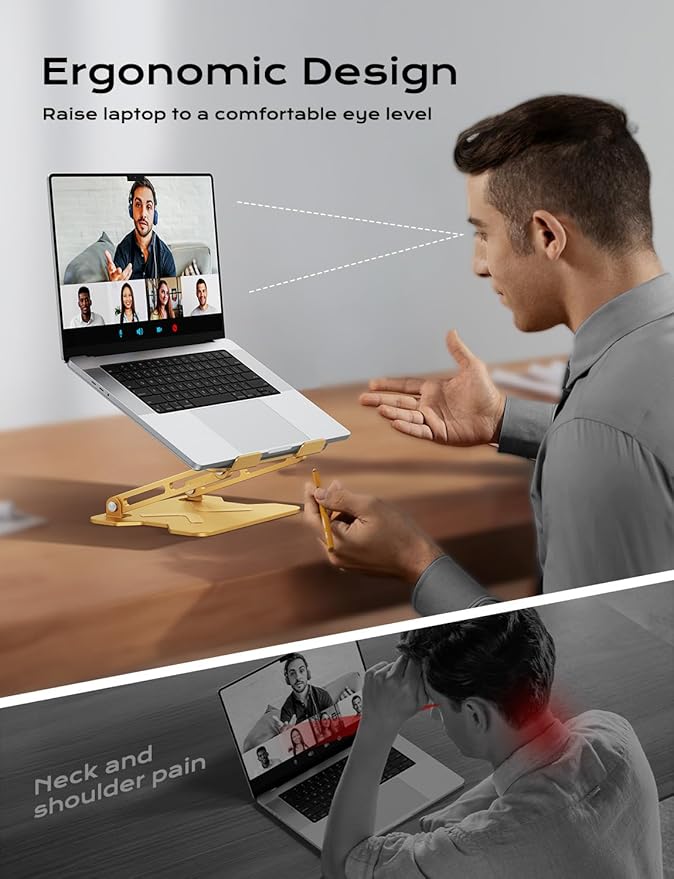 Adjustable Laptop Stand for Desk, Metal Foldable Laptop Riser, Portable Laptop Holder Mount, Ventilated Cooling Computer Notebook Stand for MacBook Air Pro, All 10-16'' Notebooks Laptops, Gold
