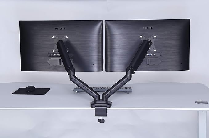 ApexDesk Dual Monitor Arm Desk Mount – Adjustable Height Gas Spring – VESA Mount with C Clamp & Mounting Base – Computer Monitor Stand for Screen up to 32 inch – Holds up to 20 lbs., Black (DMM-24)