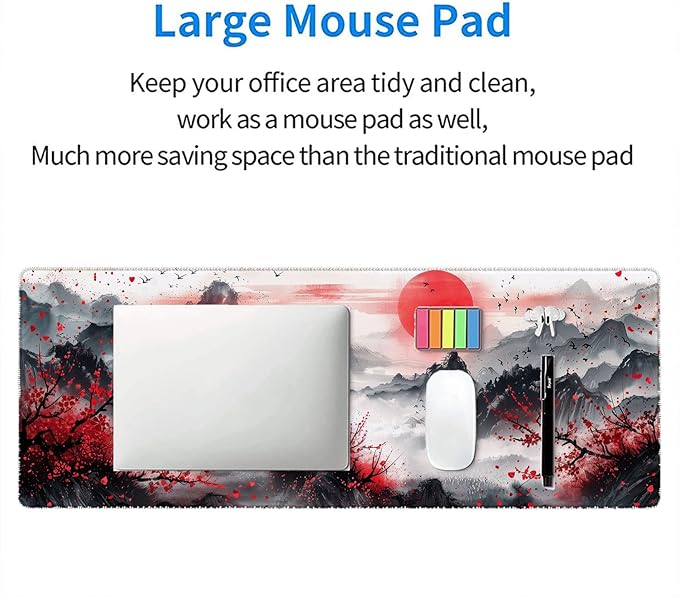 Watercolor Cherry Blossom Gaming Mouse Pad Pink Japanese Mountain Mousepad XL Large Gaming Mouse Pad Laptop Keyboard Mat Desk Pad 31.5"x11.8" Office Home Decor for Women Girl