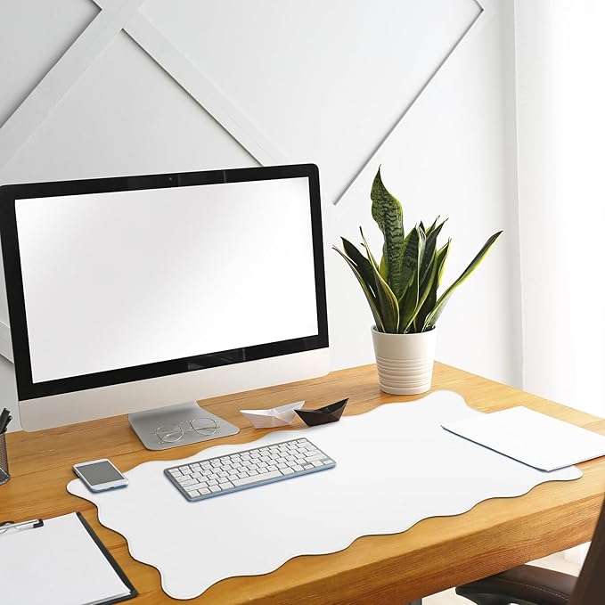 Scalloped Desk Mat Large Scalloped Piping Cute Desk Mat Aesthetic Preppy Table Pad Large Nonslip Pad with Edge Stitching Waterproof Gaming(White,31.5 x 15.75 Inches)