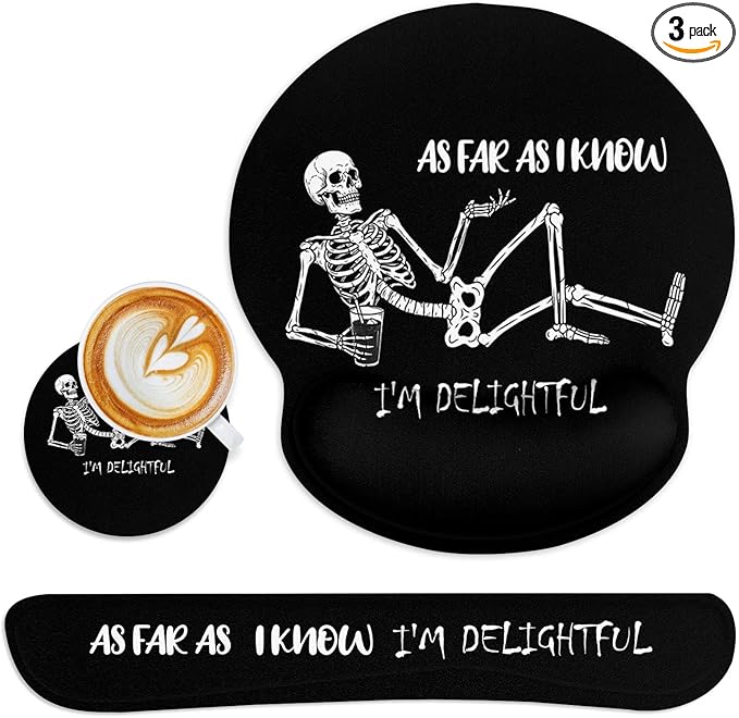 Britimes Skull Skeleton Black Ergonomic Mouse Pad Set with Wrist Rest Non-Slip Rubber Base Wrist Cushion Support and Coasters Mousepad with Wrist Support for Computer Keyboard and Desk