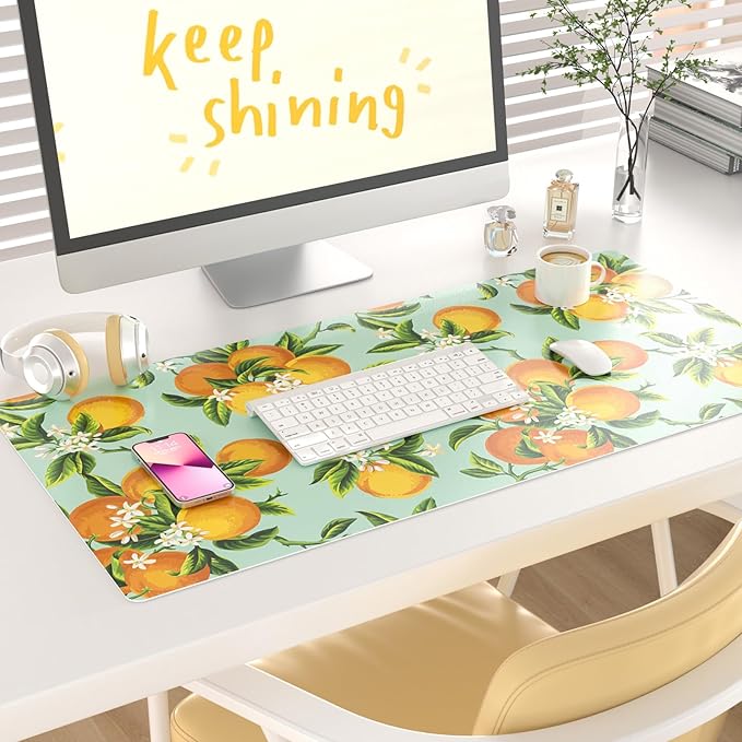 Colorful Star Large Mouse Pad, Watercolor Orange Desk Mat Office Supplies, Waterproof Faux Leather Big Gaming Mousepad, Fruits Flowers Desk Pad Home Office Décor Accessories 31.5" x 15.7"