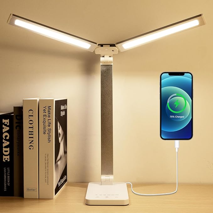 LAOPAO LED Desk Lamp, Dual Head Desk Light, 5 Levels Dimmable & 3 Color Modes Eye-Caring Table Light with USB Charging Port, Table Lamp for Reading, Studying, Home Office,White