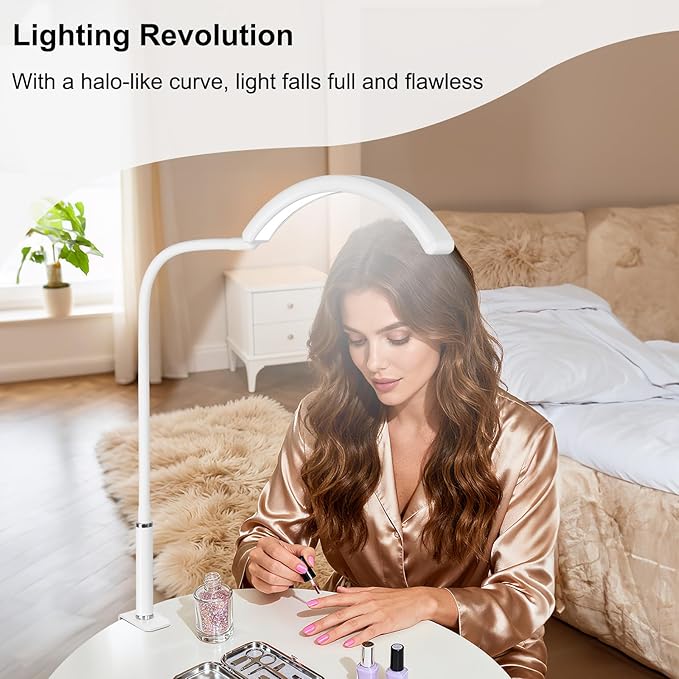 Professional Half Moon LED Desk Light for Nail Techs & Artists – Flexible Gooseneck Lamp with Clamp, 3 Color Modes & 5 Brightness Levels for Manicure, Tattoo, Beauty Work (White)