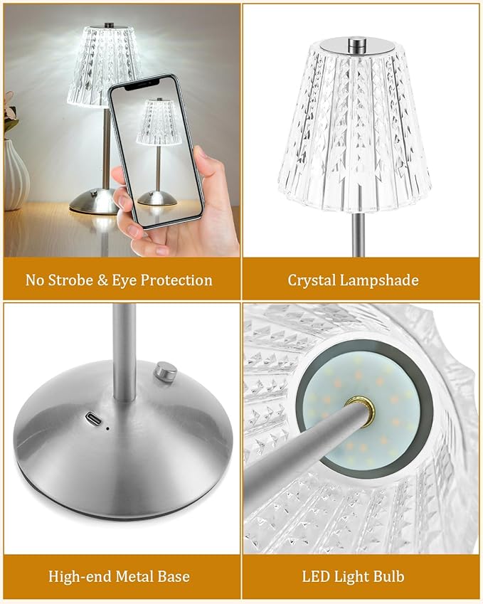 Cordless Touch Table Lamp, LED Rechargeable Small Dask Lamp, 3 Colors Dimmable Battery Operated Crysta Lamp for Bedroom Restaurant Kitchen Home Decor,Silver, 2pcs