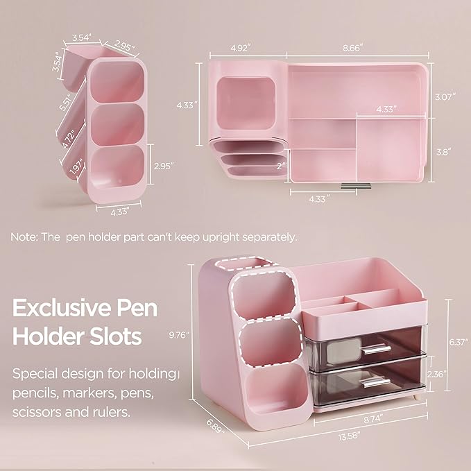 HBlife Desk Organizer with Pen Pencil Holder for Desk, Pen Organizer with 2 Drawers, Desk Organizers and Accessories with 4 Compartments, Desktop Storage for Office Home School Art Supplies, Pink