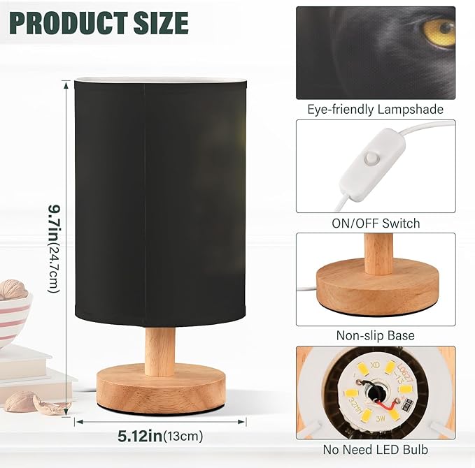 Black Panther Bedside Table Lamp,Eye-Care LED Desk Lamp with Matte Fabric Shade for Living Room,Dorm,Office