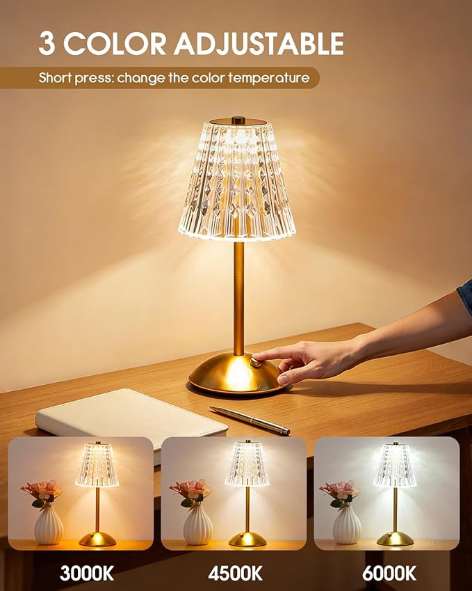 Rechargeable Cordless Table Lamp, Touch Control Crystal Desk Lamp with 3500mAh Battery, 3 Color Dimmable LED Small Lamp for Bedroom Bedside Restaurant Kitchen Home Decor, Gold