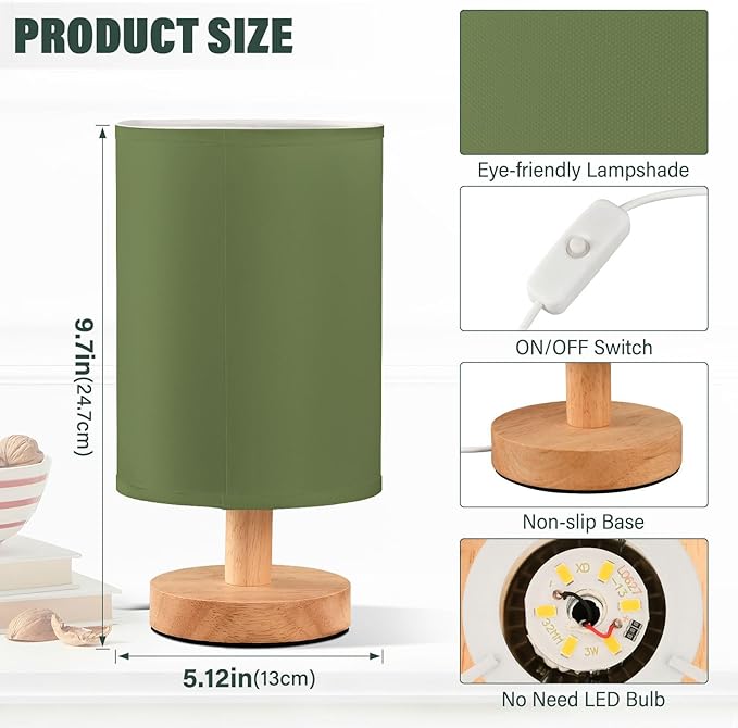Olive Green Solid Color Bedside Table Lamp for Bedroom Nightstand, Small Eye Care LED Desk Reading Lamp USB Port Wood Base Round Flaxen Fabric Shade for for Kids Room Living Room Office Desk