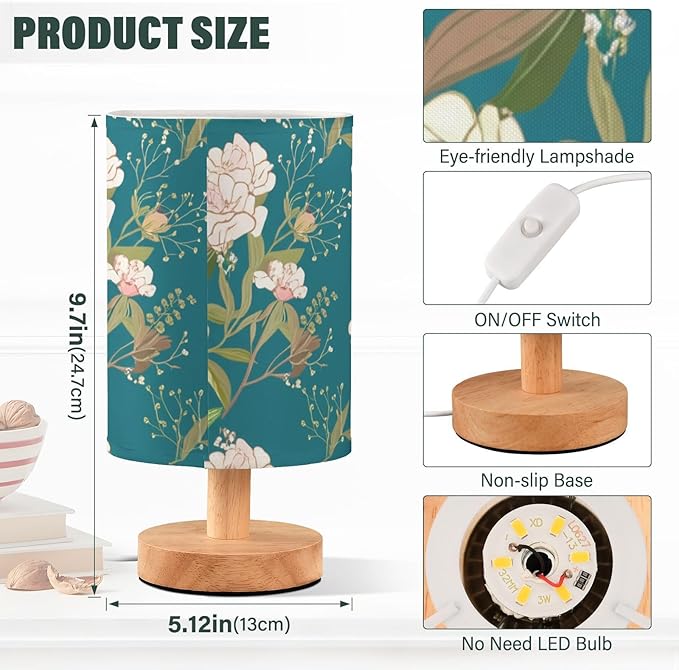 Teal Flora LED Table Lamp, Bedside Lamp with Linen Lampshade, Flicker-Free Eye Care USB Plug in Nightstand Lamp, for Bedroom and Office