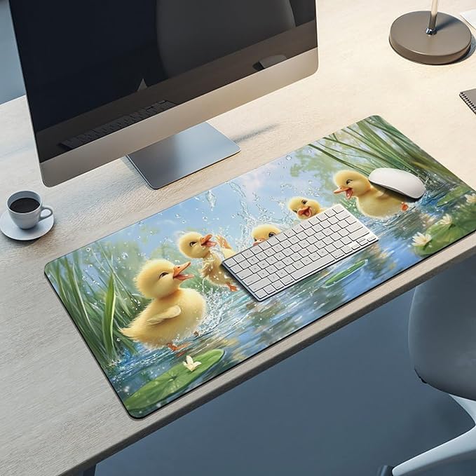 Large Ergonomic Gaming Mouse Pad Playful Ducklings in Pond - Cute Waterfowl Theme with Non-Slip Base Water-Resistant Surface and Stitched Edges 40x90cm
